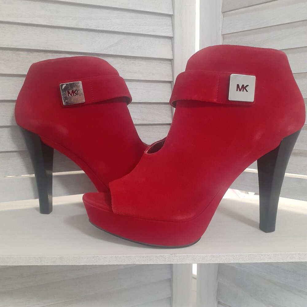 Michael Kors Red Suede Platform Peep Toe Booties, Women's Size 9